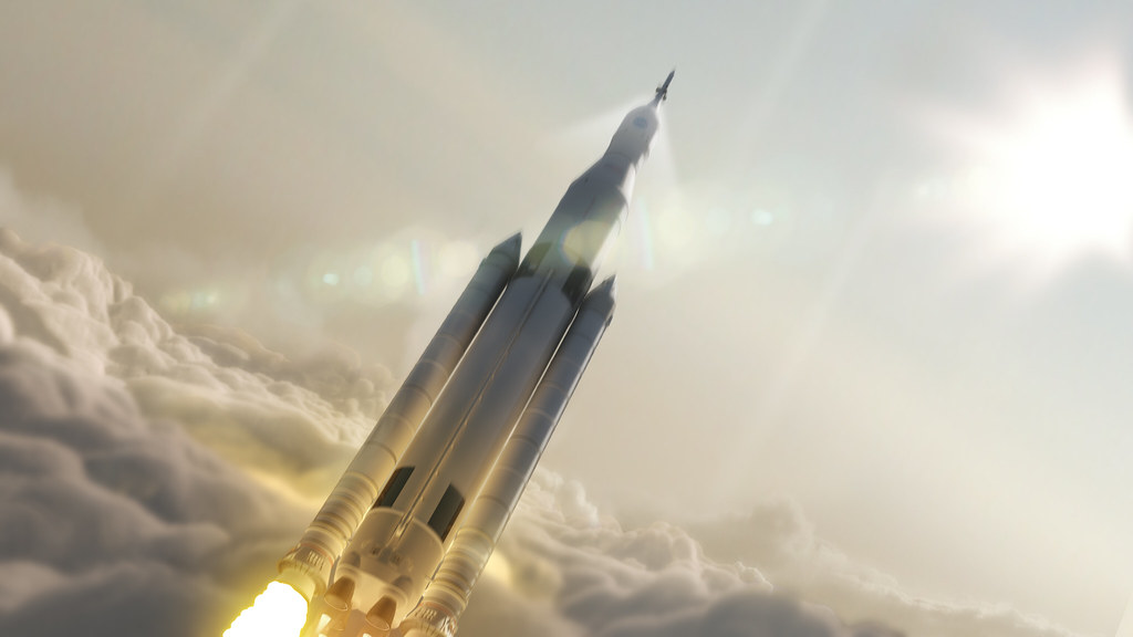 Artist Concept: Space Launch System Takes Flight (NASA, Space Launch System, 08/27/14)
