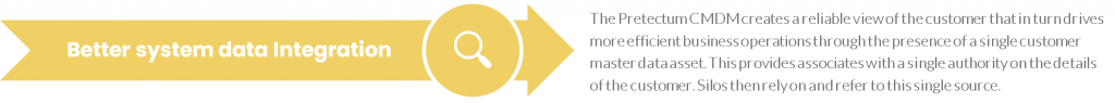 The Pretectum CMDM creates a reliable view of the customer that in turn drives more efficient business operations through the presence of a single customer master data asset. This provides associates with a single authority on the details of the customer. Silos then rely on and refer to this single source. 
