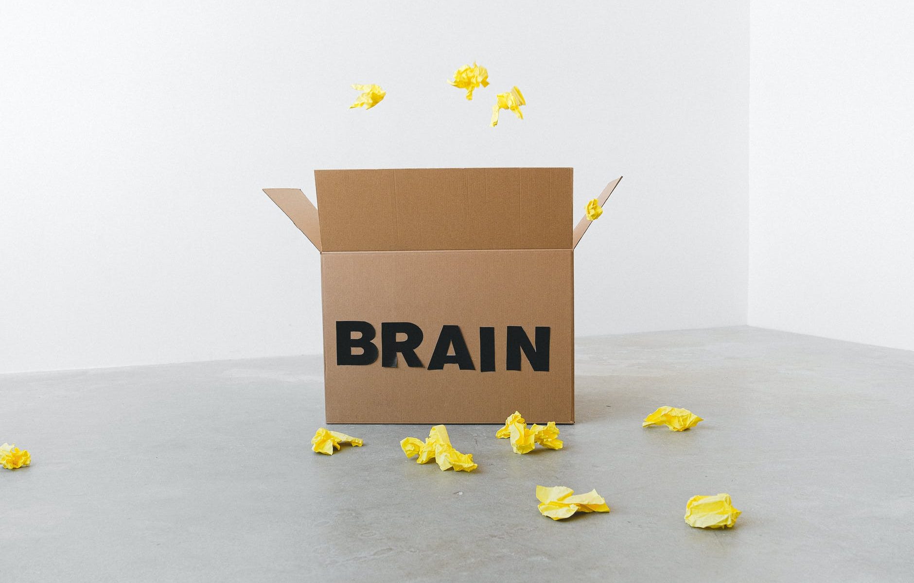 brain inscription on cardboard box under flying paper pieces