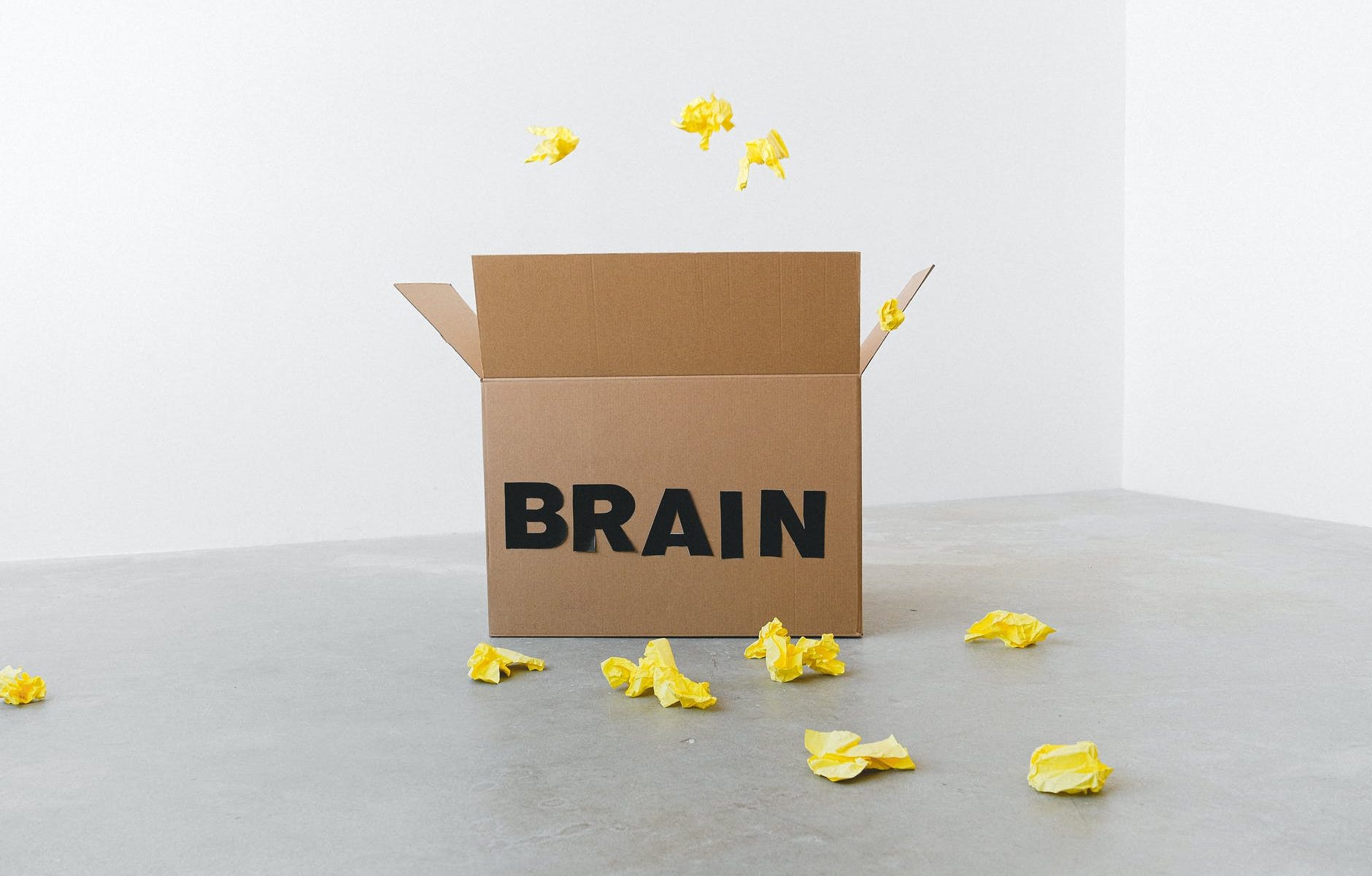 brain inscription on cardboard box under flying paper pieces