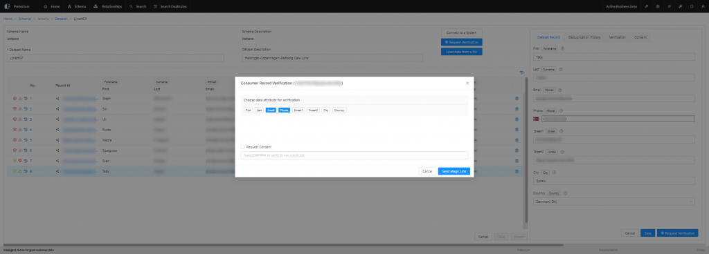 Customer self service data consent and verification from within the Pretectum CMDM is a one click-action 