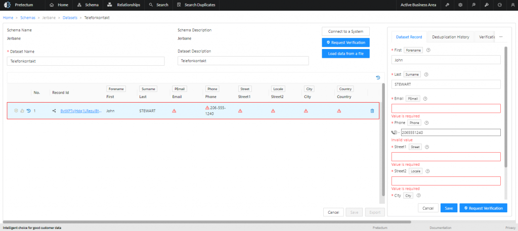 Make data quality an integral part of your customer data management strategy, the image illustrates the real time validation of data entries based on schema defined business rules