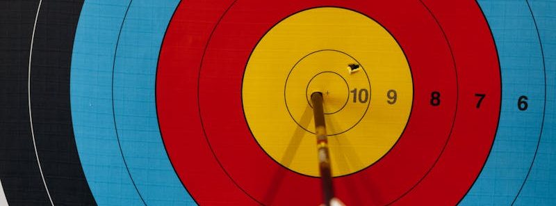 An arrow perfectly hits the bullseye of a multicolored archery target, highlighting precision and accuracy.