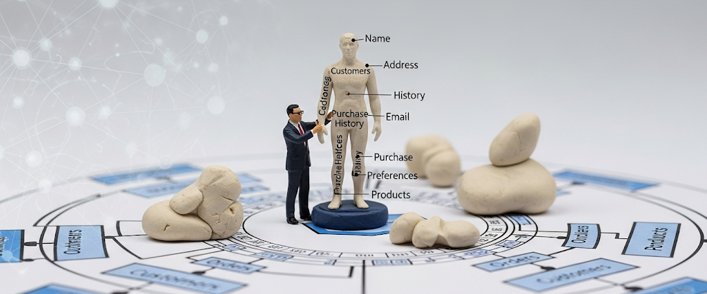 The image is a creative, whimsical visual pun for "Customer Master Data Model." It features a miniature, stylized figure of a data scientist in a tiny suit and spectacles. This figure is diligently sculpting a human figure out of what appears to be clay or play-doh.